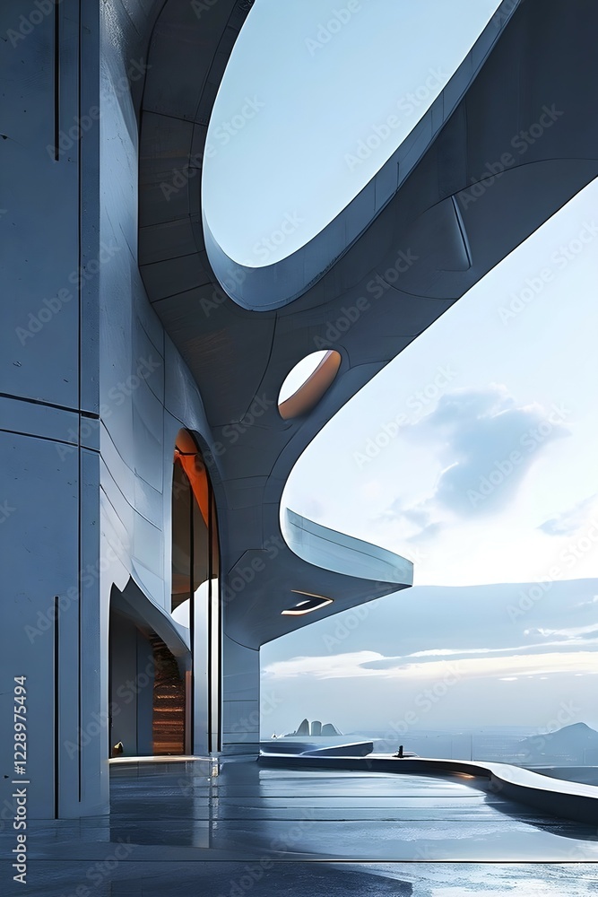 Poster minimalistic grey colored architecture in geometric adorned structures against a surreal backdrop, a