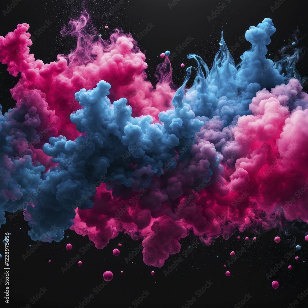 Poster dynamic clouds of blue and pink color creating a smoke effect against a black background in abstract