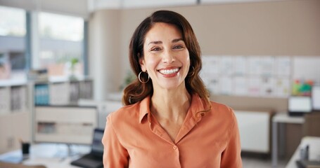Portrait, business and woman in office, renovation company or smile with proposal plan. Positive...