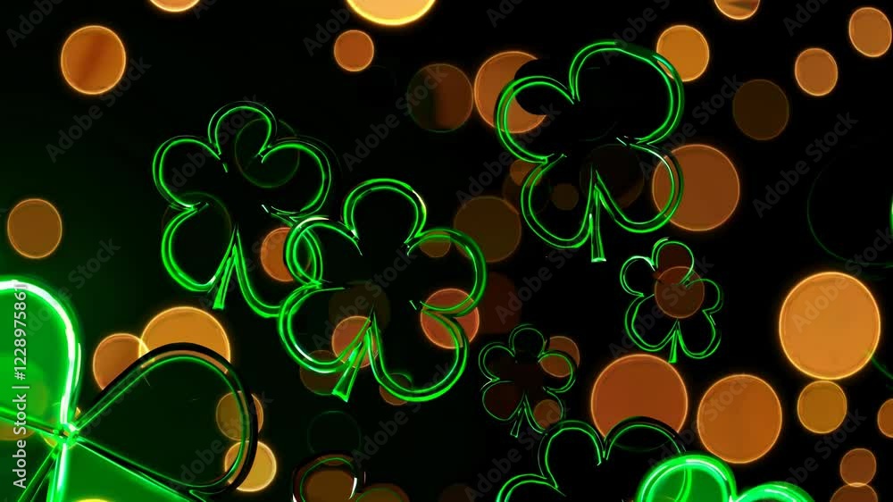 Poster a close-up of shimmering clover leaves gently rotating, with golden sparkles and light flares adding