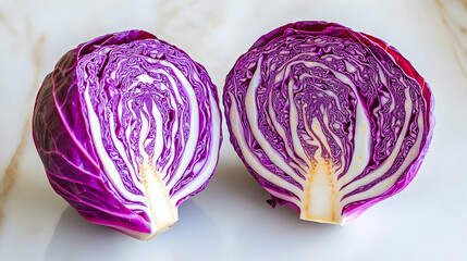 Fototapeta premium A vibrant display of purple cabbage cut in half, showing its intricate layers, placed on a clean white surface