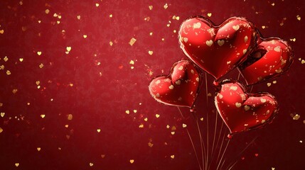 Obraz premium A festive and romantic Valentine's Day vector featuring glossy heart balloons and shimmering golden confetti set against a stylish deep red patterned background