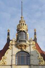 Turmerker with gilded crown, Art Nouveau, former department store Ebert, Leipzig, Saxony, Germany,...