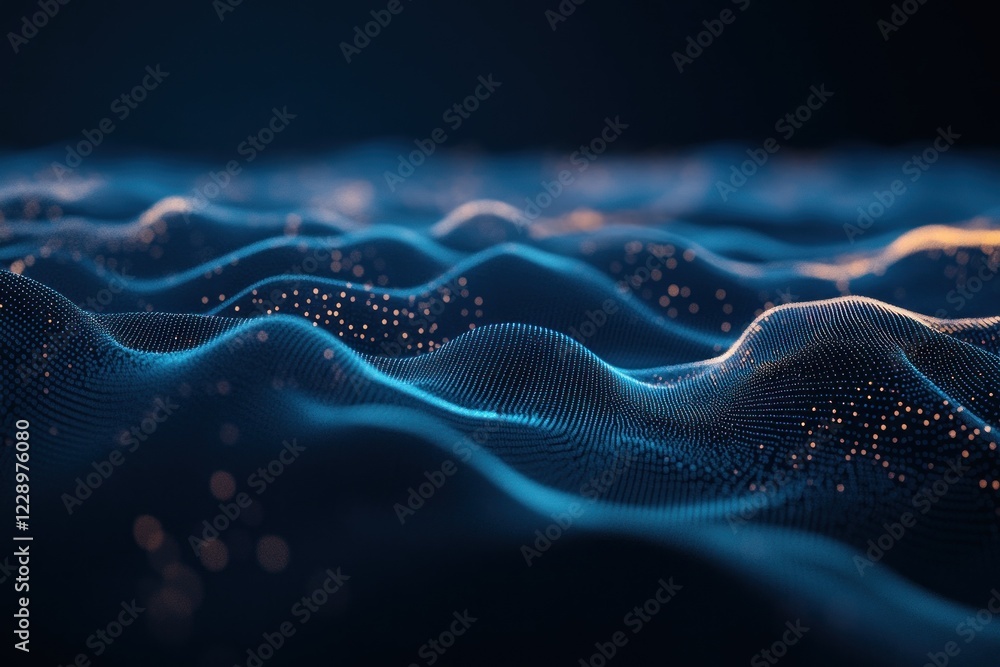 Poster abstract digital wave background with glowing particles.