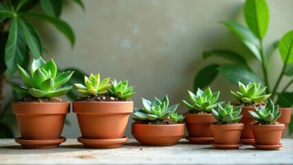 Obraz premium A collection of succulents in terracotta pots, arranged on a surface, with lush green foliage in the background.