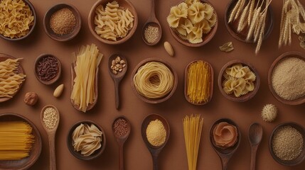 Variety of pasta types, grains, and nuts in wooden bowls and spoons on brown background.