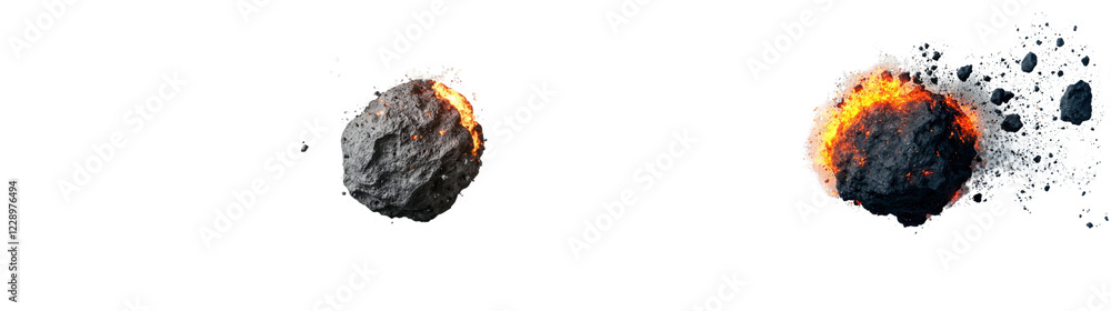 Poster two asteroids collide, creating an explosion with fiery debris and rocky fragments, illustrating a c
