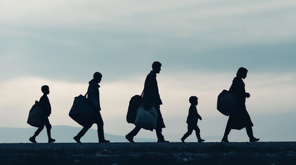 A family walking with minimal bags and simple silhouettes, symbolizing migration, set against a stark background highlighting the isolation and uncertainty refugees often face