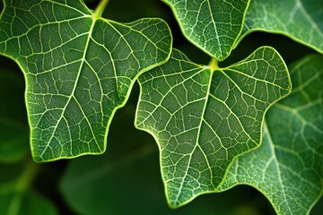 Close-up of two vibrant green leaves with detailed vein patterns.