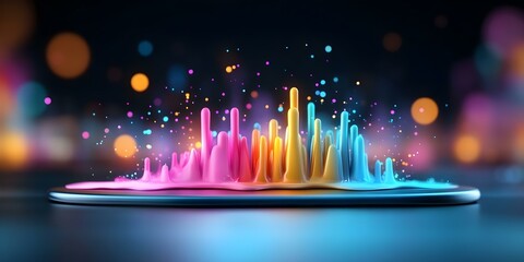 A vibrant, colorful splash resembling sound waves or liquid with shimmering particles against a dark background. Concept Vibrant Sound Waves, Colorful Splash Art, Shimmering Particles