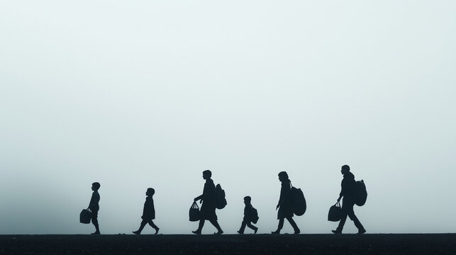 A family walking with minimal bags and simple silhouettes, symbolizing migration, set against a stark background highlighting the isolation and uncertainty refugees often face