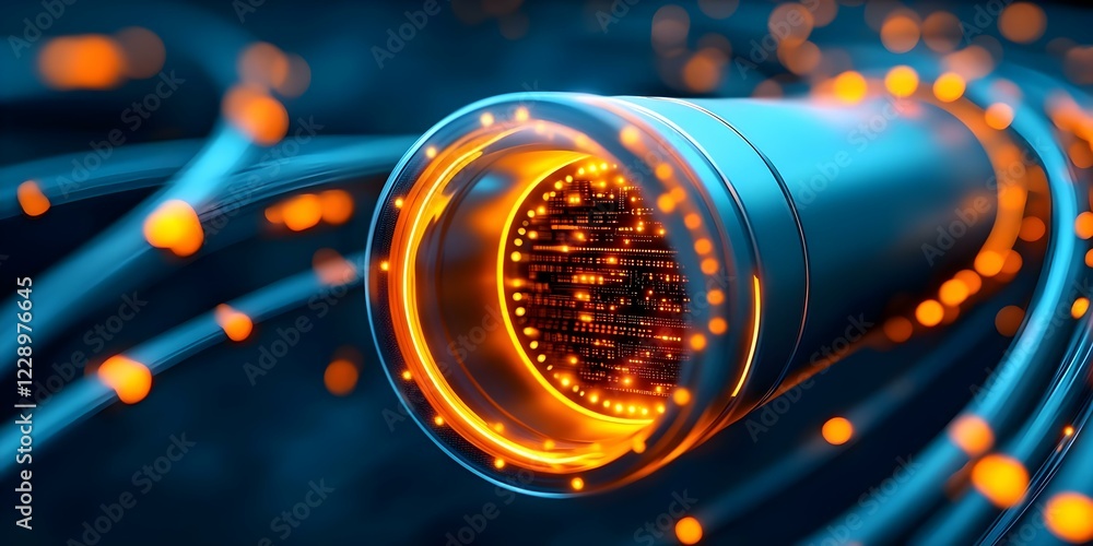 Poster a futuristic, glowing cylindrical object with vibrant orange sparks and digital patterns, suggesting