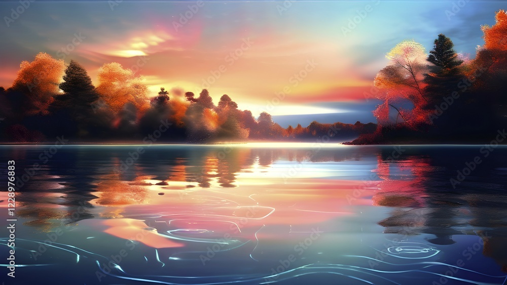 Poster ai generated illustration of a serene lake with reflections on the surface replaced with shimmering 
