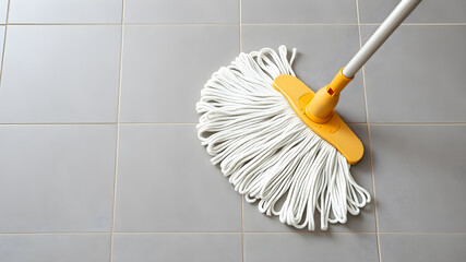 Cleaning grey tiled floor with string mop, space for text. Generative AI