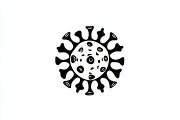 A white background with a black and white drawing of a virus. The virus is surrounded by a circle of dots