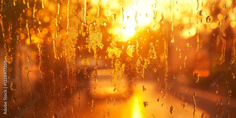 Poster sunlight streaming through a rain-covered window, casting a warm glow and creating a tranquil ambian