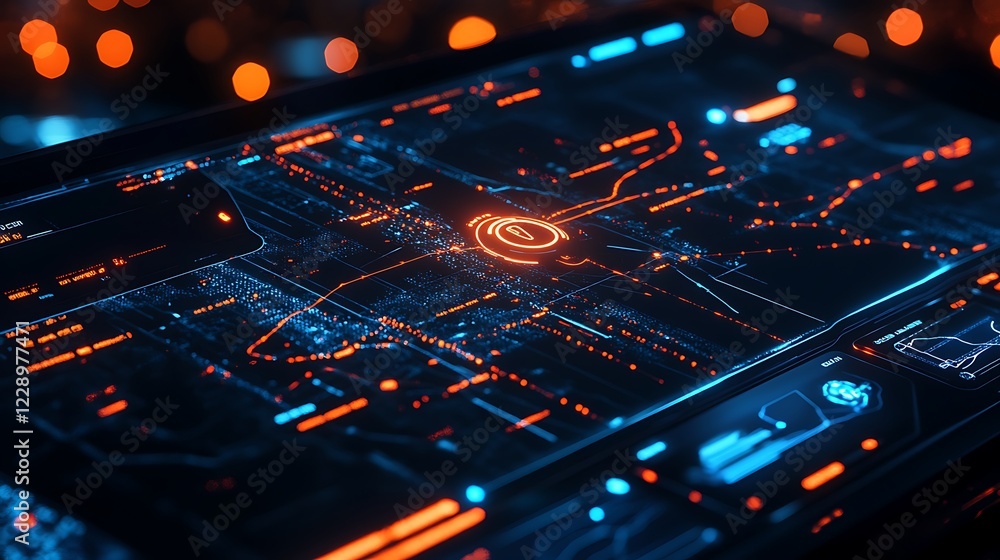 Poster close-up view of a futuristic digital interface with orange and blue glowing lines and data points.