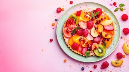 Delicious fruit tart with raspberries, kiwi, peach, and pomegranate on a pink background.