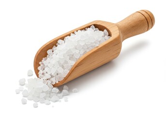 A wooden scoop filled with coarse white salt crystals spilling slightly onto the surface isolated on a white background