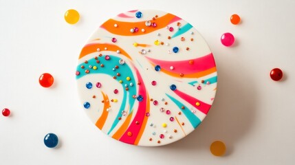 Colorful swirl cake decorated with sprinkles and beads on white background.