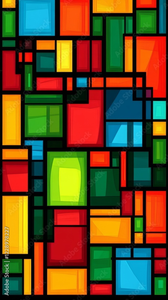 Poster colorful piece of art with many different colored squares. the squares are all different sizes and c