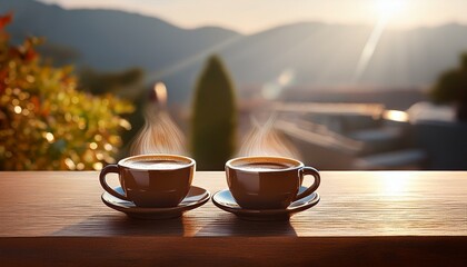 Two cups of coffee on the table. Generated image