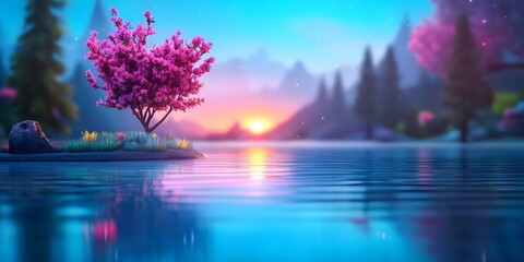 A serene landscape featuring a calm lake at sunset, with a pink flowering tree and distant mountains surrounded by colorful foliage. Concept Serene Lake Sunset, Pink Flowering Tree, Colorful Foliage