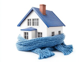 Obraz na płótnie Canvas Cozy house model wrapped in a blue scarf against white background.