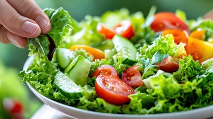 Fresh salad with tomatoes, cucumbers, and lettuce being dressed.