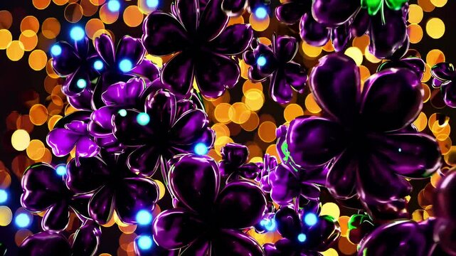 A close-up of shimmering clover leaves gently rotating, with golden sparkles and light flares adding a dynamic, celebratory feel.
