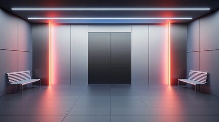 Futuristic corridor with neon lights and metallic walls. modern sci-fi interior design concept