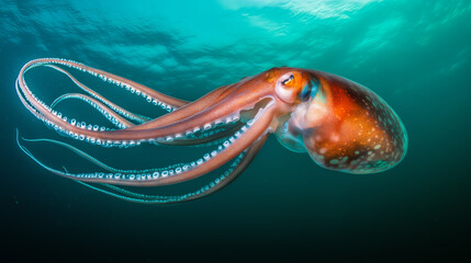 Giant Squid swimming in the depths of the sea, low natural light highlights the large body and long tentacles of the squid. AI generated images.