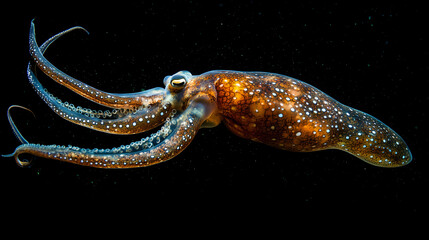 Giant Squid swimming in the depths of the sea, low natural light highlights the large body and long tentacles of the squid. AI generated images.