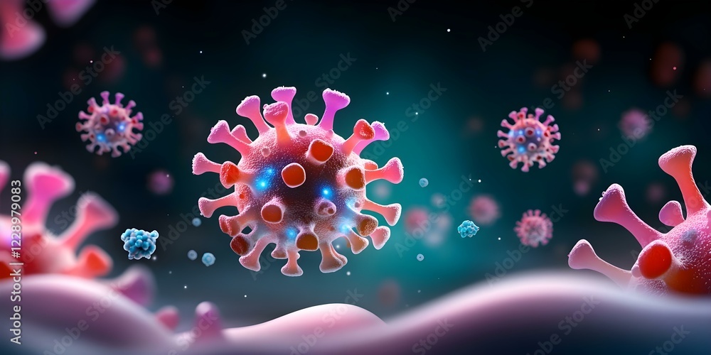 Poster a microscopic view of virus particles, showcasing their structure and features in a colorful digital