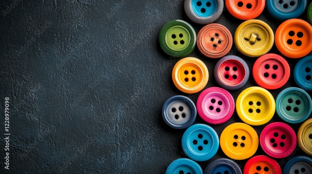 Poster a row of colorful buttons on a blue background. the buttons are in different colors and sizes. some 