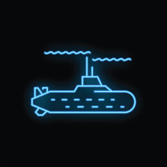 Blue neon sign of a submarine sailing on the surface of the water and emitting smoke