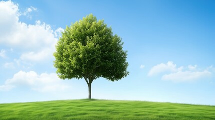 Obraz premium Green tree on a grassy hill under a bright blue sky with scattered clouds. nature and growth concept