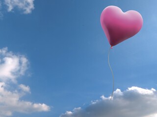 Fototapeta premium Pink balloon in heart shape against blue sky with clouds, illustration
