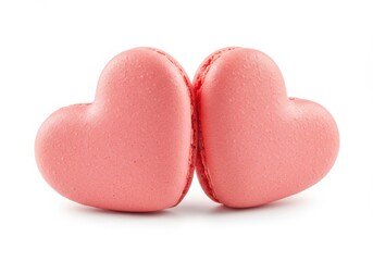 Obraz premium Pink heart shaped macarons with smooth slightly textured shells and visible cream filling isolated on a white background