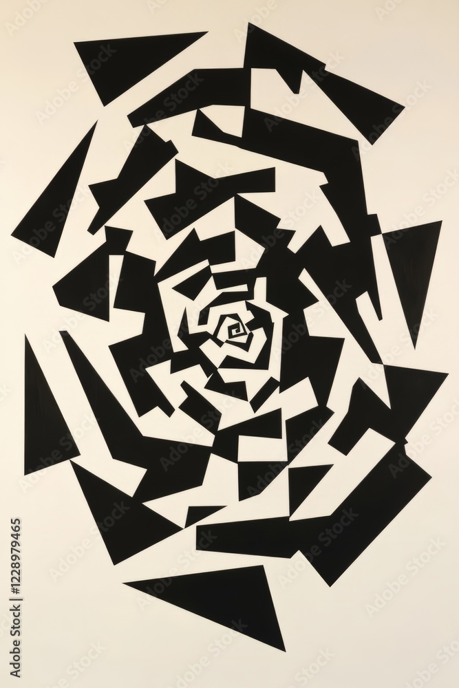 Poster dynamic abstract spiral pattern featuring black geometric triangles on a white background, ideal for