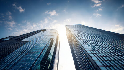 A tall modern office building with glass windows reflecting the sky among skyscrapers in a busy city