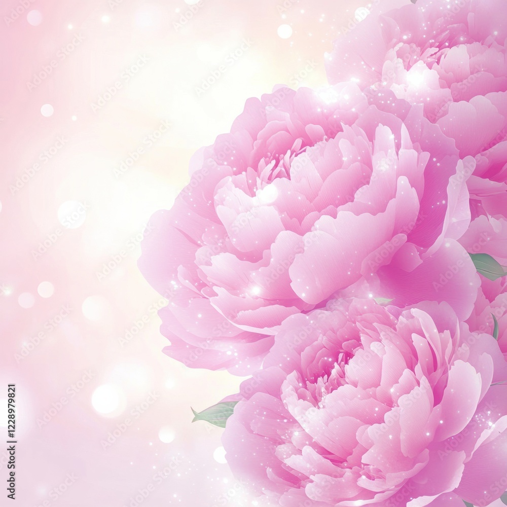Poster beautiful pink peonies against a soft pastel background with delicate bokeh effect enhancing their c