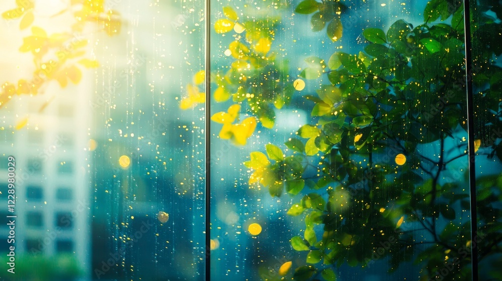 Poster soft sunlight filters through blurred office windows, creating a dreamy atmosphere. raindrops cascad