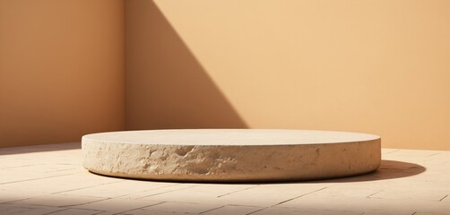 A light-colored, rough stone podium against a sunlit beige wall. Ideal for displaying products related to nature, cosmetics, or wellness.