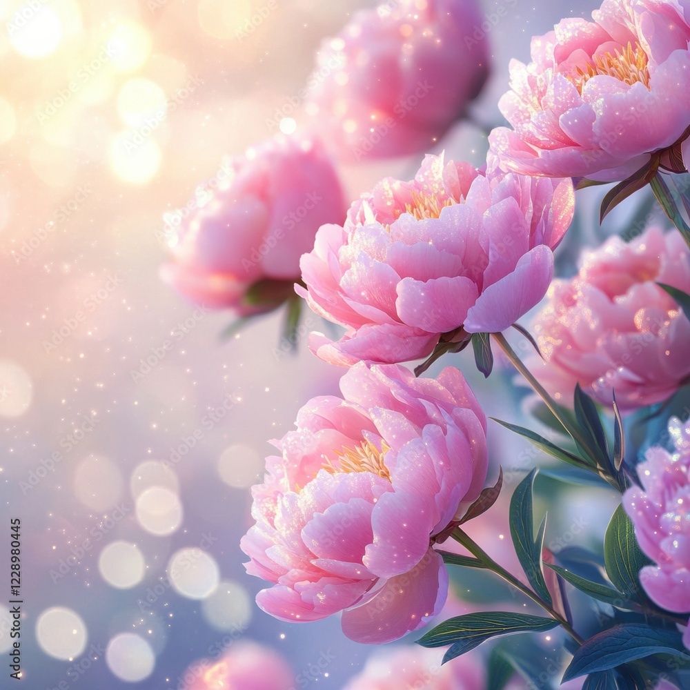 Poster beautiful peonies in soft pink bloom against a shimmering background filled with warm sunlight and b