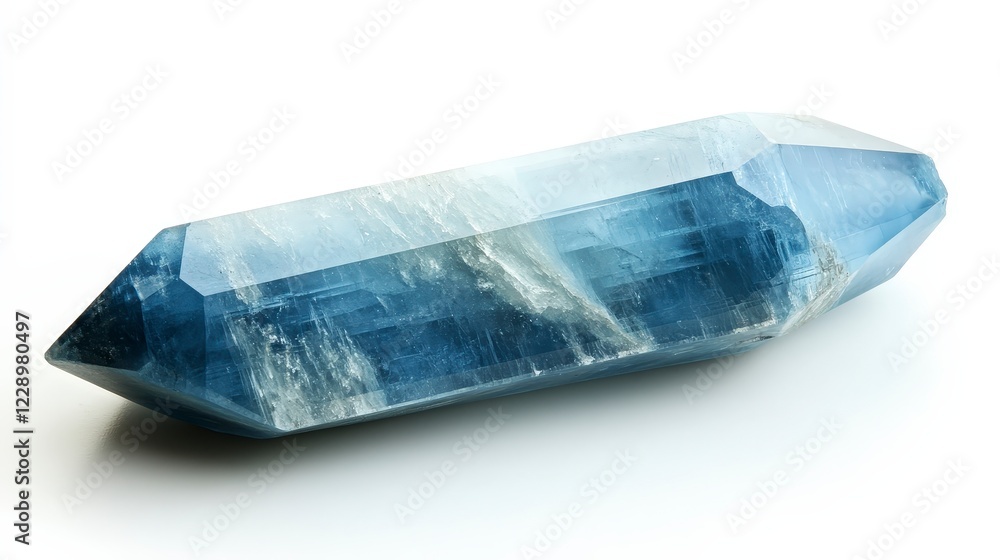 Poster blue crystal with sharp edges and smooth surface on white background