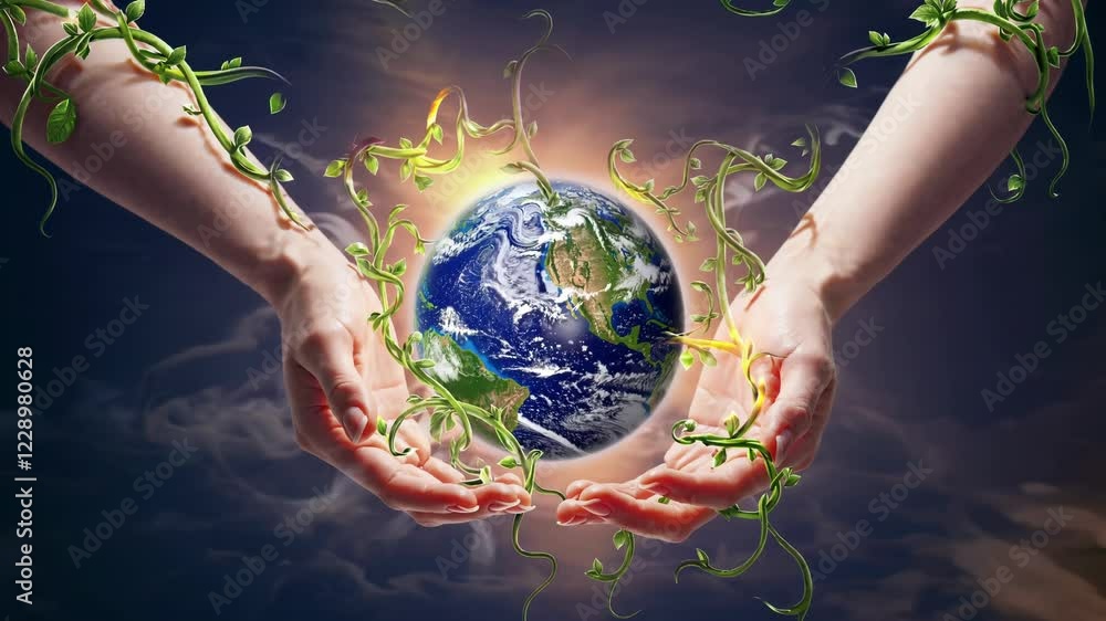Poster a pair of hands holding a transparent globe with visible environmental textures, surrounded by float