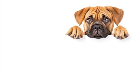 Obraz premium Adorable puppy peeking over white background.