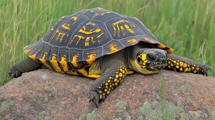Obraz premium Ornate tortoise basking on a rock in grassland.