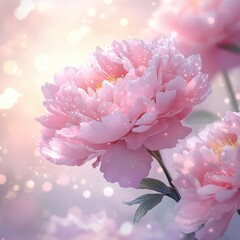 Obraz premium Pink peony blossoms shimmering softly in a dreamy garden setting during golden hour. Generative AI